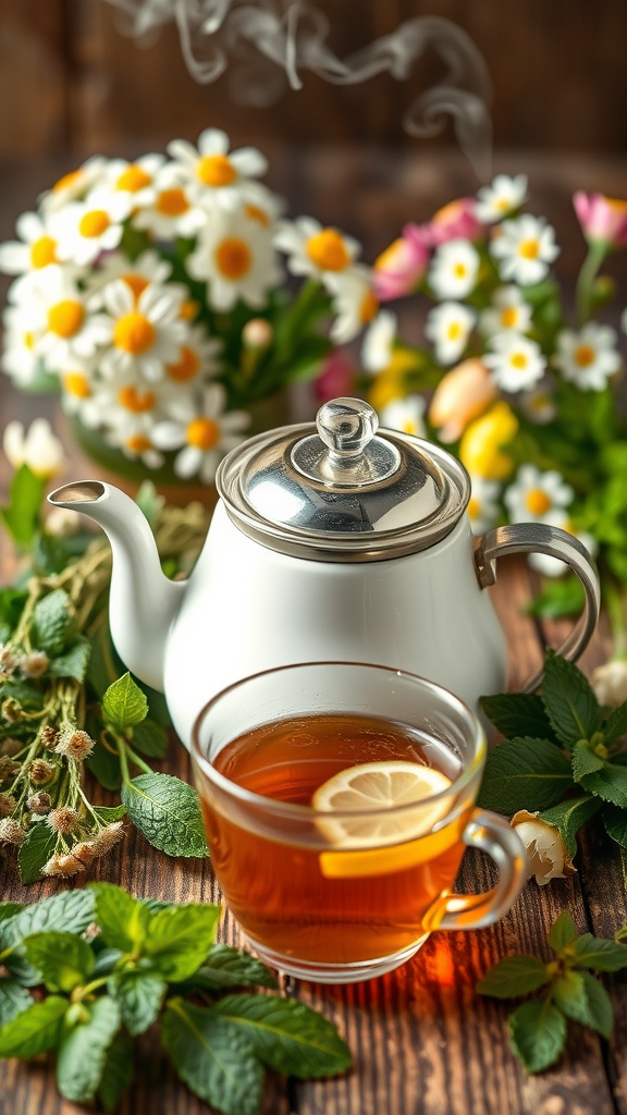 Refreshing Spring Herbal Teas for a Healthy Boost A teapot with herbal tea, fresh herbs, and blooming flowers on a rustic table.